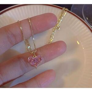 New Gold Necklace with PINK Crystal Heart Pendant Women Teen's Girl's